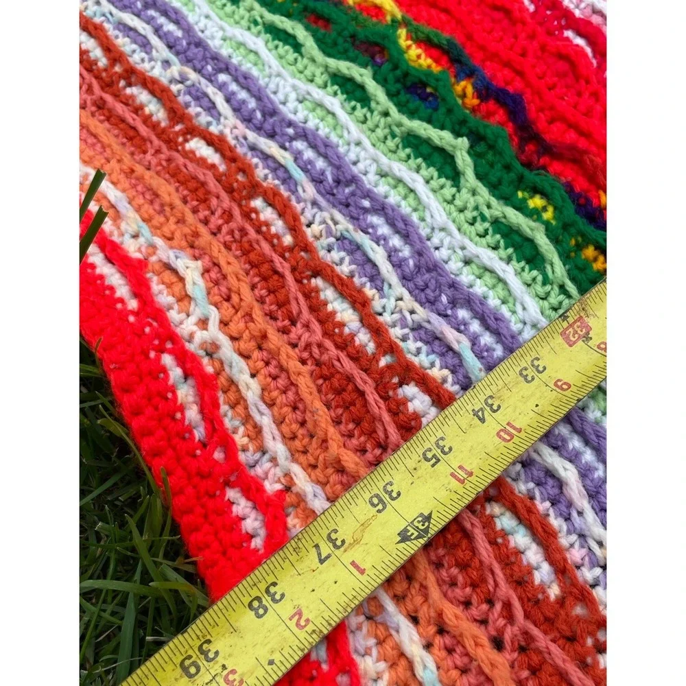VTG Boho Striped Rainbow Hand Knit Crochet Blanket Throw Afghan 38x47 Reversible